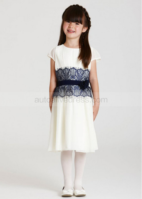 Cap Sleeves Ivory Chiffon Navy Blue Lace Trim Flower Girl Dress